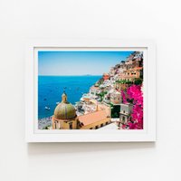 Warren Reed - Designer Positano With Flowers, Italy Framed Art Print in White | Size: W20" x H30"