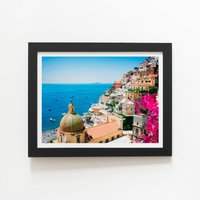 Warren Reed - Designer Positano With Flowers, Italy Framed Art Print in Black | Size: W24" x H36"