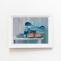 Warren Reed - Designer Shoes On The Bench Framed Art Print in White | Size: W12" x H16"