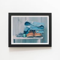 Warren Reed - Designer Shoes On The Bench Framed Art Print in Black | Size: W24" x H36"