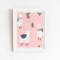 Warren Reed - Designer Happy Lama Framed Art Print in White | Size: W20" x H30"