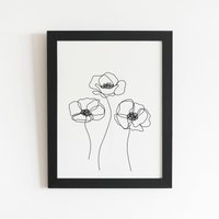 Warren Reed - Designer Monochrome Line Drawn Poppies Framed Art Print in Black | Size: W16" x H24"