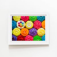 Warren Reed - Designer Bright Colourful Cupcakes Framed Art Print in White | Size: W12" x H16"