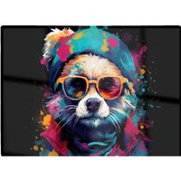Warren Reed - Designer Multi Coloured Splashart Dog With Glasses Glass Chopping Board in Blue
