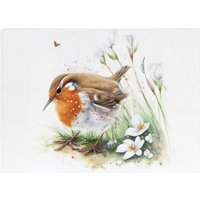 Warren Reed - Designer Robin & Daisies Watercolour Glass Chopping Board in Brown