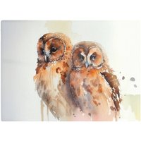 Warren Reed - Designer Loving Tawny Owls Watercolour Glass Chopping Board in Brown