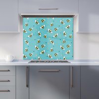 Warren Reed - Designer Hand Drawn Busy Bees Kitchen Splashback in Blue | Size: 600mm x 750mm