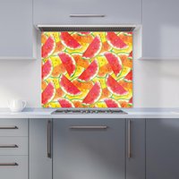 Warren Reed - Designer Pink Green Fan Palms Kitchen Splashback in Red | Size: 600mm x 750mm
