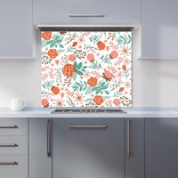 Warren Reed - Designer Orange Floral Pattern Kitchen Splashback in Green | Size: 900mm x 750mm