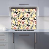 Warren Reed - Designer Toucans, Orchids & Palm Leaves Kitchen Splashback in Yellow | Size: 900mm x 750mm