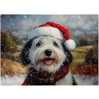 Warren Reed - Designer Snowy Christmas Old English Sheepdog Glass Chopping Board