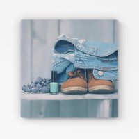 Warren Reed - Designer Shoes On The Bench Canvas in Blue | Size: W16" x H16"