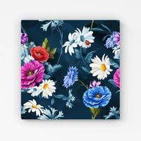 Warren Reed - Designer Poppy Flowers With Chamomile, Leaves, Cornflowers On Dark Blue Canvas | Size: w10 inch x h10 inch