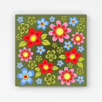 Warren Reed - Designer Red & Blue Flowers Canvas in Green | Size: W30" x H30"