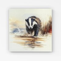 Warren Reed - Designer Wading Badger Watercolour Canvas in Brown | Size: W30" x H30"