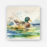 Warren Reed - Designer Splashing Mallard Watercolour Canvas in Brown | Size: w10 inch x h10 inch