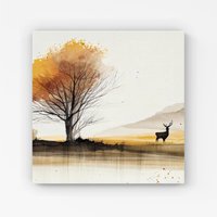 Warren Reed - Designer Autumn Landscape Stag Watercolour Canvas in Brown | Size: W16" x H16"