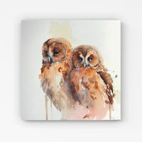 Warren Reed - Designer Loving Tawny Owls Watercolour Canvas in Brown | Size: W30" x H30"