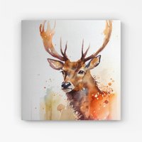Warren Reed - Designer Majestic Stag Watercolour Canvas in Brown | Size: w10 inch x h10 inch