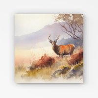 Warren Reed - Designer Stag Deer Water Colour Canvas in Brown | Size: w10 inch x h10 inch