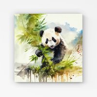 Warren Reed - Designer Panda Eating Bamboo Watercolour Canvas in Brown | Size: W16" x H16"
