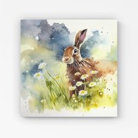 Warren Reed - Designer Hare & Daisies Watercolour Canvas in Brown | Size: w10 inch x h10 inch