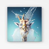 Warren Reed - Designer Giraffe With Glasses Splashart Canvas in Blue | Size: W30" x H30"