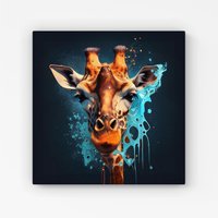 Warren Reed - Designer Blue Giraffe Face Splashart Canvas in Grey | Size: W16" x H16"