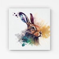 Warren Reed - Designer Hare Close Up Splashart Canvas in Brown | Size: w10 inch x h10 inch