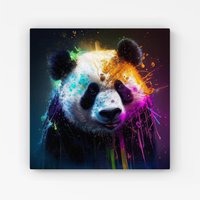 Warren Reed - Designer Panda Face Splashart Colourful Canvas in Blue | Size: w40 inch x h40 inch