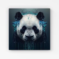 Warren Reed - Designer Panda Face Splashart Dark Background Canvas in Blue | Size: w40 inch x h40 inch