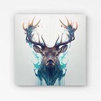 Warren Reed - Designer Stag Face Splashart Canvas in White | Size: W30" x H30"