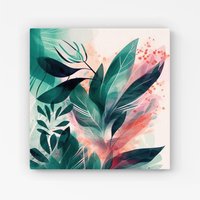 Warren Reed - Designer Green Feather leaves Tropical Canvas | Size: W16" x H16"
