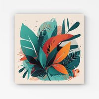 Warren Reed - Designer Green Orange Tropical Leaves Canvas | Size: W16" x H16"