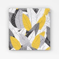 Warren Reed - Designer Yellow Grey Feather Leaves Canvas | Size: W16" x H16"