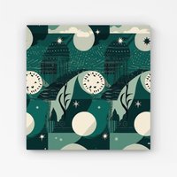 Warren Reed - Designer Abstact Green Cream Moon & Stars Canvas | Size: W16" x H16"