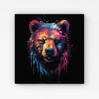 Warren Reed - Designer Splashart Bear Face Canvas in Brown | Size: W30" x H30"