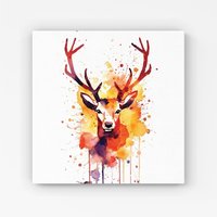 Warren Reed - Designer Watercolour Stag Face Canvas in Orange | Size: W30" x H30"