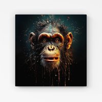 Warren Reed - Designer Splashart Monkey Face Canvas in Black | Size: w40 inch x h40 inch
