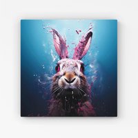 Warren Reed - Designer Rabbit Face Splashart Canvas in Blue | Size: w40 inch x h40 inch