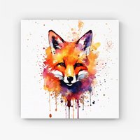 Warren Reed - Designer Watercolour Splashart Fox Face Canvas in Orange | Size: w10 inch x h10 inch