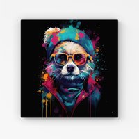 Warren Reed - Designer Multi Coloured Splashart Dog With Glasses Canvas in Blue | Size: W16" x H16"