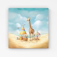 Warren Reed - Designer Giraffe On A Beach Holiday Canvas in Yellow | Size: W16" x H16"