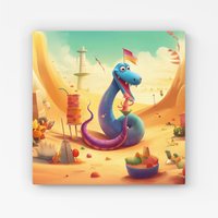 Warren Reed - Designer Snake On A Beach Holiday Canvas in Yellow | Size: W16" x H16"
