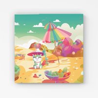 Warren Reed - Designer Kitten On A Beach Holiday Canvas in Yellow | Size: W30" x H30"