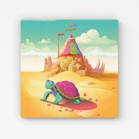 Warren Reed - Designer Turtle On A Beach Holiday Canvas in Yellow | Size: W16" x H16"
