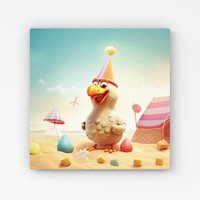 Warren Reed - Designer Funky Chicken On A Beach Holiday Canvas in Yellow | Size: w10 inch x h10 inch