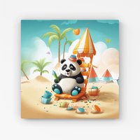 Warren Reed - Designer Panda On A Beach Holiday Canvas in Yellow | Size: w40 inch x h40 inch