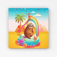 Warren Reed - Designer Sloth On A Beach Holiday Canvas in Yellow | Size: w40 inch x h40 inch