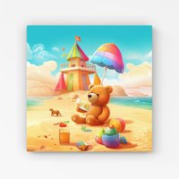 Warren Reed - Designer Bear On A Beach Holiday Canvas in Yellow | Size: W30" x H30"